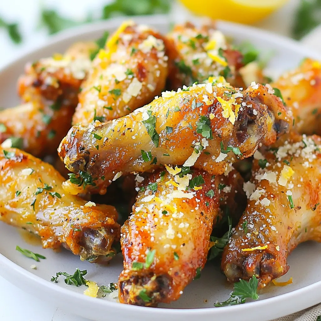 To make Garlic Parmesan Air Fryer Wings, you need fresh and simple ingredients. Each one adds flavor and makes the dish special. Here’s what you’ll need: - 2 pounds chicken wings - 1 tablespoon olive oil - 1 teaspoon garlic powder - 1 teaspoon onion powder - 1 teaspoon smoked paprika - ½ teaspoon salt - ½ teaspoon black pepper - ½ cup grated Parmesan cheese - 2 tablespoons fresh parsley, chopped - Zest of 1 lemon - 1 tablespoon lemon juice These ingredients come together to create a tasty wing dish. The chicken wings are the star, while the seasoning and sauce bring out their best. Using olive oil helps the spices stick and crisp the wings. Garlic powder and onion powder add a savory punch. Smoked paprika gives a subtle smokiness, while salt and black pepper balance the flavors. The Garlic Parmesan sauce is where the magic happens. Grated Parmesan makes it rich. Fresh parsley adds color and freshness. Lemon zest and juice brighten the sauce, making it zesty. Together, these ingredients create a flavorful delight that will have everyone asking for more. {{ingredient_image_1}} 1. Drying the chicken wings: First, use paper towels to pat the chicken wings dry. This step helps them get crispy when cooked. 2. Creating the seasoning mix: In a large bowl, mix the olive oil, garlic powder, onion powder, smoked paprika, salt, and black pepper. Stir until the spices blend well. 3. Tossing the wings in the seasoning: Add the dried wings to the bowl. Toss them in the seasoning mix until every wing is evenly coated. This ensures every bite is flavorful. 1. Preheating the air fryer: Set your air fryer to 400°F (200°C). Preheat it for about 5 minutes. This step helps the wings cook evenly. 2. Air frying the wings: Arrange the seasoned wings in a single layer in the air fryer basket. Cook them for 25 to 30 minutes. Shake the basket halfway through so they cook evenly. 1. Making the garlic parmesan sauce: In a small bowl, mix the grated Parmesan cheese, chopped parsley, lemon zest, and lemon juice. This sauce adds a fresh and zesty flavor. 2. Coating the wings after cooking: Once the wings are golden and crispy, remove them from the air fryer. Immediately toss them in the garlic parmesan sauce until they are fully coated. 3. Serving suggestions: Plate the wings and add some extra parsley and Parmesan cheese on top. This makes them look even more appealing. Enjoy your delicious garlic parmesan wings! To make your wings extra crispy, you need to dry them well. Use paper towels to pat each wing. This step helps remove moisture. Less moisture means better crispiness. Next, you can try a simple trick: let the wings air dry for 30 minutes. This enhances the crispiness even more. When cooking, avoid overcrowding the air fryer. Place wings in a single layer. This allows hot air to circulate. Shake the basket halfway through cooking. This ensures even crisping on all sides. To spice up your wings, think about adding cayenne pepper or smoked paprika. These give a nice kick. You can also use chili powder for a different flavor. For your garlic parmesan sauce, adjust to your taste. Want more garlic? Add a bit more garlic powder or fresh minced garlic. If you like a tangy touch, squeeze in more lemon juice. It brightens the flavor and balances the richness. Feel free to experiment with herbs too. Try adding thyme or oregano for a fresh twist. You can create your own unique version of garlic parmesan wings! Pro Tips Dry Wings for Crispiness: Make sure to pat the wings dry thoroughly before seasoning. This helps achieve that perfect crispy texture when air frying. Shake for Even Cooking: Don’t forget to shake the air fryer basket halfway through cooking. This ensures that all wings get evenly crispy and browned. Fresh Ingredients Matter: Use fresh parsley and freshly grated Parmesan cheese for the best flavor in your Garlic Parmesan sauce. It makes a noticeable difference! Experiment with Spices: Feel free to adjust the seasoning mix according to your taste. Adding a pinch of cayenne pepper can give your wings an extra kick! {{image_2}} To mix things up, try spicy garlic parmesan wings. Add a kick by including cayenne pepper or hot sauce in the seasoning mix. This boosts heat and flavor, perfect for spice lovers. You can also make honey garlic wings. Just add honey to your garlic parmesan sauce. This sweet touch pairs well with the savory cheese and garlic. If you don't have an air fryer, you can bake the wings in the oven. Preheat your oven to 425°F (220°C). Place the seasoned wings on a baking sheet. Bake them for about 40-45 minutes, flipping halfway. This method still gives you crispy wings. Grilling is another tasty option. Preheat your grill to medium-high heat. Place the wings on the grill and cook for about 20-25 minutes. Turn them often to avoid burning. This adds a smoky flavor, making them even more delicious. To keep your garlic parmesan air fryer wings fresh, use proper storage methods. First, let the wings cool to room temperature. This step prevents condensation and sogginess. Next, place the wings in an airtight container. You can use glass or plastic containers with tight lids. These containers will keep the wings safe from air and moisture. If you want to keep them longer, wrap the wings in foil or plastic wrap before putting them in a container. This will add extra protection. When it's time to enjoy your wings again, reheating is key. I recommend using the air fryer for the best results. Set it to 350°F (175°C) and place the wings in the basket. Heat them for about 5-7 minutes. This method keeps them crispy. You can also use an oven. Preheat it to 375°F (190°C) and lay the wings on a baking sheet. Bake for about 10-12 minutes. If you want to avoid dryness, cover them with foil for the first half of reheating. Enjoy your wings just as tasty as the first time! You should air fry chicken wings for 25 to 30 minutes. Set your air fryer to 400°F (200°C). Make sure to shake the basket halfway through. This helps cook the wings evenly. The wings will turn golden brown and crispy. Yes, you can use frozen wings. Just add a few extra minutes to the cooking time. Air fry them for about 30 to 35 minutes. Check for doneness by ensuring they reach an internal temperature of 165°F (74°C). This way, you can enjoy crispy wings even if they're frozen. Garlic parmesan wings pair well with many sides. Here are some tasty options: - Celery sticks with ranch or blue cheese dip - Crispy French fries or sweet potato fries - A fresh garden salad for a light option - Garlic bread to complement the flavors These sides will enhance your meal and make it even more enjoyable! We covered all you need to make great chicken wings. From ingredients to cooking steps, it’s simple. I shared tips for crispiness and variations for flavors. Storage and reheating methods help you enjoy leftovers. You can impress family and friends with these wings anytime. Try different sauces or cooking methods to find your favorite. Enjoy the process and the tasty results!