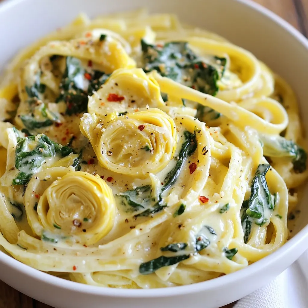 To make Creamy Spinach Artichoke Pasta, you need simple and fresh ingredients. Here is what you will need: - 12 ounces pasta (linguine or fettuccine) - 1 tablespoon olive oil - 3 cloves garlic, minced - 1 can (14 ounces) artichoke hearts, drained and chopped - 4 cups fresh spinach, roughly chopped - 1 cup heavy cream - 1 cup cream cheese, softened - 1 cup grated Parmesan cheese - 1 teaspoon lemon juice - Salt and pepper to taste - Red pepper flakes (optional, for garnish) Each ingredient plays a key role in building flavor. The pasta serves as the base. I love using linguine or fettuccine for their ability to hold sauce well. Olive oil adds richness, while garlic gives that warm, inviting aroma. Artichoke hearts bring a unique taste and texture. Fresh spinach adds color and nutrients. The creamy elements, heavy cream and cream cheese, create a luscious sauce that coats the pasta perfectly. Grated Parmesan cheese enhances the dish with its salty, nutty flavor. A splash of lemon juice brightens everything up, making each bite delightful. Don't forget to season with salt and pepper for taste. If you want a bit of heat, red pepper flakes are a great touch. This recipe is not just easy; it’s a crowd-pleaser that you can make in about 30 minutes! {{ingredient_image_1}} To boil pasta correctly, fill a large pot with water. Add salt to the water before it boils. Once boiling, add your pasta. Cook it according to the package instructions. Aim for al dente, which means the pasta is firm but not hard. After cooking, reserve one cup of pasta water. This water helps adjust your sauce later. Drain the pasta and set it aside. To sauté garlic without burning, start with medium heat. Add olive oil to your pot and let it warm up. Then, add the minced garlic. Stir it for about one minute until it smells great. Keep an eye on it. If garlic burns, it will taste bitter and ruin your dish. Timing is key when adding artichokes and spinach. After sautéing the garlic, add the chopped artichokes. Stir them in for about a minute. Next, add the roughly chopped spinach. Cook for about two to three minutes until the spinach wilts down. This keeps the flavor fresh and vibrant. For a smooth sauce, reduce the heat to low before adding the heavy cream and cream cheese. Stir this mixture until the cream cheese melts fully. If your sauce feels too thick, use some of the reserved pasta water. Add a little at a time until you reach the right thickness. When mixing pasta with sauce, toss the cooked pasta into the pot. Make sure every piece of pasta gets coated well. Season with salt and pepper according to your taste. This brings out all the flavors in your dish. For plating, divide the creamy spinach artichoke pasta among plates. Add a sprinkle of red pepper flakes for a touch of heat. You can also try garnishing with fresh herbs or extra cheese for a lovely finish. To avoid curdling cream cheese, always add it to the pot slowly. Mix it in after the heat is low. If it starts to clump, whisk it until smooth. Adding a splash of the reserved pasta water helps too. Taste your sauce before serving. You can adjust flavors by adding garlic powder or more lemon juice if needed. A pinch of nutmeg can also enhance the creaminess. Cook pasta until it is firm but not hard. The perfect pasta should bend slightly when you bite it. If you see a small white dot in the center, it is al dente. Cooking times may change based on pasta type. For linguine, cook about 9-11 minutes. Fettuccine might need a minute more. Always check the package for specific times. Red pepper flakes add spice and color. Use them sparingly for a light kick. If you want extra crunch, try toasted breadcrumbs or nuts. Fresh herbs like basil or parsley can brighten your dish. You can also sprinkle extra Parmesan for a cheesy finish. Consider using lemon zest for a fresh twist. Pro Tips Use Fresh Spinach: Fresh spinach gives the dish a vibrant flavor and color. If using frozen spinach, make sure to thaw and drain it well to avoid excess moisture. Adjust Creamy Texture: The sauce can be adjusted to your liking. If you prefer a thicker sauce, use less pasta water; for a lighter sauce, add more reserved pasta water. Add Protein: For a more filling meal, consider adding grilled chicken, shrimp, or even chickpeas to the pasta for extra protein and texture. Garnish Creatively: Aside from red pepper flakes, try garnishing with fresh herbs like parsley or basil for added freshness and a pop of color. {{image_2}} You can easily add protein to your creamy spinach artichoke pasta. Chicken, shrimp, or tofu work great. For chicken, use cooked, diced breast. If you prefer shrimp, add them in the last few minutes of cooking. Tofu can be added for a vegan twist. Just make sure to sauté it until golden. Adjust cooking times based on the protein you choose. Chicken may take longer to cook, while shrimp needs only a few minutes. To make this dish vegan, you can swap out the dairy. Use coconut cream instead of heavy cream. For cream cheese, try a vegan cream cheese option. Nutritional yeast adds a cheesy flavor without dairy. You can also add a little vegan butter for richness. To maintain creaminess, blend the coconut cream well. This way, you get that smooth texture everyone loves. If you want a gluten-free version, choose gluten-free pasta. Options like brown rice or chickpea pasta work well. They may cook differently, so check the package instructions. You might need to adjust the cooking time slightly. Gluten-free pasta can be a bit softer, so keep an eye on it. Make sure to taste as you go to find the right texture. To keep your creamy spinach artichoke pasta fresh, use these tips: - Place leftovers in an airtight container. - Store in the fridge for up to four days. - Keep the pasta separate from the sauce if possible. This helps the pasta stay firm and not soggy. When reheating your pasta, choose methods that keep it creamy: - Use the stovetop for best results. - Add a splash of water or cream to the pasta. - Heat gently over low heat, stirring often. This will help the sauce stay smooth and creamy. You can freeze creamy pasta dishes, but follow these steps: - Cool the pasta completely before freezing. - Use a freezer-safe container or bag. - Remove as much air as possible to avoid freezer burn. To reheat, thaw overnight in the fridge. Then, warm it on the stovetop, adding a bit of cream for creaminess. Yes, you can use frozen spinach. Just thaw and drain it first. Remove excess water to avoid a watery sauce. Add it to the pot right after the garlic. The cooking time will remain the same. This pasta dish stays fresh for about 3 to 4 days in the fridge. Store it in an airtight container. Make sure it cools down before sealing to avoid moisture build-up. If it smells off or looks strange, do not eat it. You can prepare the sauce and cook the pasta in advance. Store them separately in the fridge. When you are ready to eat, combine them and heat on low. Add a splash of pasta water to keep it creamy. This pasta pairs well with garlic bread or a fresh salad. A crisp Caesar salad adds a nice crunch. For drinks, try a chilled white wine like Sauvignon Blanc. It complements the creamy flavors well. In this post, we covered how to make a delicious creamy spinach artichoke pasta. We discussed key ingredients, detailed steps for cooking, and shared tips for perfecting the sauce. I highlighted variations for protein and dietary needs, along with storage and reheating practices. Use this guide to create a tasty meal anytime. Remember, cooking is fun, and experimenting is encouraged! Enjoy your creamy pasta creation.