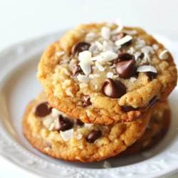 To make Coconut Chocolate Chip Cookies, gather these simple ingredients: - 1 cup all-purpose flour - 1/2 cup unsweetened shredded coconut - 1/2 teaspoon baking soda - 1/4 teaspoon salt - 1/2 cup unsalted butter, softened - 1/2 cup packed brown sugar - 1/4 cup granulated sugar - 1 large egg - 1 teaspoon vanilla extract - 1 cup semi-sweet chocolate chips - 1/4 cup chopped pecans or walnuts (optional) These ingredients work together to create a sweet and chewy cookie. The shredded coconut adds a lovely texture and a hint of tropical flavor. The mix of chocolate chips and nuts makes every bite rich and satisfying. Make sure your butter is softened for easy mixing. This will help your cookies turn out light and fluffy. Having everything ready before you start is key. It saves time and keeps you organized. Remember, fresh ingredients make the best cookies! Enjoy the process, and get ready for some delicious cookies that everyone will love. {{ingredient_image_1}} Preheat your oven to 350&deg;F (175&deg;C). This step is crucial for even baking. Line a baking sheet with parchment paper to prevent cookies from sticking. In a medium bowl, whisk together the flour, shredded coconut, baking soda, and salt. This mix adds texture and flavor. Set it aside for later use. In a large bowl, cream the softened butter with the brown sugar and granulated sugar. Beat them together until the mixture is light and fluffy. This takes about 2-3 minutes. Now, beat in the egg and vanilla extract. Mix until everything is well combined. This step adds moisture and richness to your cookies. Gradually add the dry mixture to the wet ingredients. Mix until just combined. Then, gently fold in the chocolate chips and nuts, if using. This helps distribute the goodies evenly. Scoop tablespoon-sized amounts of dough onto your prepared baking sheet. Space them about 2 inches apart. Bake in the preheated oven for 10-12 minutes. The edges should be golden brown, while the centers stay soft. After baking, let the cookies cool on the sheet for 5 minutes. Then, transfer them to a wire rack to cool completely. Enjoy the delicious aroma filling your kitchen! To make the best coconut chocolate chip cookies, focus on texture and flavor. Use softened butter. It helps create a smooth dough. Cream the butter with both sugars until light and fluffy. This step adds air, making the cookies tender. When mixing dry and wet ingredients, do not overmix. Stop as soon as you see no flour. This keeps your cookies soft. For a chewier cookie, try adding an extra egg yolk. This small change adds moisture and richness. Serve your cookies warm for the best taste. Place them on a colorful plate to make them pop. For a fun touch, sprinkle extra chocolate chips and coconut on top. This adds visual appeal and signals a tasty treat. You can also add a bowl of fresh coconut shavings next to the cookies. It creates a tropical vibe and invites guests to grab more. Consider pairing your cookies with a scoop of vanilla ice cream. It makes for a delightful dessert experience. One common mistake is not measuring flour correctly. Too much flour can make cookies dry. Always spoon flour into your measuring cup and level it off. Another error is baking for too long. Cookies should be golden at the edges but soft in the center. If they look too brown, they may be overdone. Lastly, don&rsquo;t forget to let them cool! Leaving them on the tray for a few minutes helps them firm up. Then, transfer to a wire rack to cool completely. This way, they stay soft and delicious. Pro Tips Chill the Dough: For thicker cookies, chill the dough for 30 minutes before baking. This helps to prevent spreading and results in a chewier texture. Use Fresh Ingredients: Make sure your baking soda and coconut are fresh for the best flavor and texture. Stale ingredients can affect the rise and taste of your cookies. Customize Your Mix-ins: Feel free to experiment with different mix-ins like dried fruits, or swap chocolate chips for white chocolate or dark chocolate to suit your taste. Store Properly: Keep cookies in an airtight container at room temperature for up to a week. For longer storage, freeze them in a freezer-safe bag for up to 3 months. {{image_2}} You can change the taste of your cookies easily. Try adding a few drops of almond extract for a nutty flavor. A splash of coconut extract can boost the coconut taste even more. You might enjoy using orange zest for a fresh twist. Each option gives your cookies a new and exciting flavor. If you want gluten-free cookies, swap the all-purpose flour for a gluten-free blend. Many brands work well in baking. For a vegan option, replace the butter with coconut oil and the egg with a flax egg. To make a flax egg, mix one tablespoon of ground flaxseed with three tablespoons of water. Let it sit for a few minutes until it thickens. Instead of semi-sweet chocolate chips, you can use dark chocolate or white chocolate. You can also try carob chips for a unique taste. If you prefer nuts, almonds or macadamia nuts are great choices. You can leave out the nuts if you want a nut-free cookie. Each swap can change the texture and taste of your cookies. To keep your coconut chocolate chip cookies fresh, store them in an airtight container. Place a piece of bread in the container to help keep them soft. Make sure to keep cookies in a cool, dry place. Avoid sunlight and heat, as they can make cookies stale. You can freeze these cookies easily. For unbaked cookies, scoop the dough onto a baking sheet. Freeze them for about 30 minutes, then move them to a freezer-safe bag. Seal it tightly. For baked cookies, let them cool completely first. Then, stack them in a container with parchment paper in between. Seal the container well. When stored properly, these cookies can last up to one week at room temperature. If frozen, they maintain quality for up to three months. Just remember to thaw them at room temperature before enjoying! To make your cookies chewy, use brown sugar. It adds moisture. Also, don&rsquo;t overbake them. Remove the cookies when the edges are golden and the center looks soft. Cooling on the tray keeps them chewy. You can also chill the dough for a bit before baking, as this helps the cookies stay thick. Yes, you can use regular sugar. However, it will change the cookie's texture. Brown sugar gives cookies a more moist and chewy bite. If you use only white sugar, the cookies will be crispier. Mixing both sugars can also give a nice balance. If you don't have shredded coconut, try using chopped nuts or rolled oats. These alternatives add texture but will change the flavor. You might also try sunflower seeds for a nut-free option. Each swap will give a new taste, so be adventurous! Absolutely! Dried fruit works great in these cookies. Try adding dried cranberries or raisins. They pair well with chocolate and coconut. Just be sure to chop larger pieces to keep the dough balanced. This can add natural sweetness and a chewy texture. Store cookies in an airtight container at room temperature. Adding a slice of bread can help maintain moisture. The bread will absorb excess air and keep cookies soft. You can also freeze them for longer storage. Just place them in a freezer bag with as little air as possible. You now have a clear understanding of making delicious coconut chocolate chip cookies. We covered ingredients, baking steps, and tips for the best results. Remember to avoid common mistakes for perfect cookies. Don&rsquo;t hesitate to experiment with flavors and dietary needs. Store them right to keep them fresh longer. Enjoy these cookies with friends or family. Trust me, they will love them! Your baking journey can lead to tasty experiments beyond these cookies.