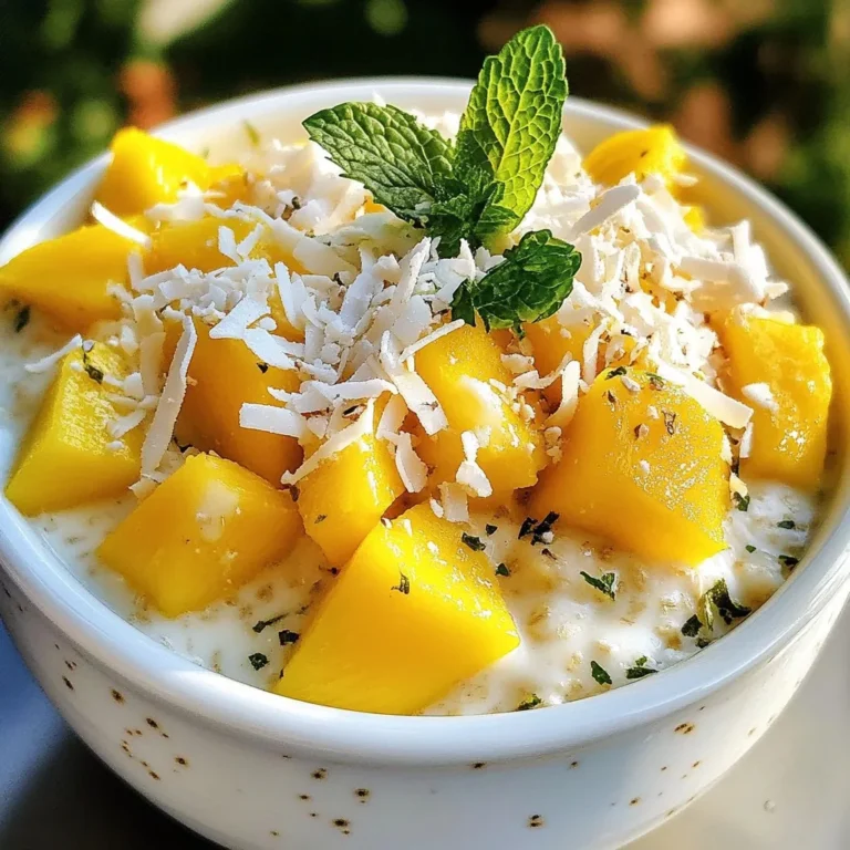 Here is what you need for Mango Coconut Overnight Oats: - 1 cup rolled oats - 1 cup coconut milk (or any milk of choice) - 1 ripe mango, diced - 1 tablespoon chia seeds - 1 tablespoon maple syrup (optional, for sweetness) - 1/2 teaspoon vanilla extract - A pinch of salt - 1/4 cup unsweetened shredded coconut - Fresh mint leaves for garnish Each serving of these oats has about: - Calories: 300 - Protein: 6g - Fat: 12g - Carbohydrates: 45g - Fiber: 8g - Sugar: 10g This recipe makes two servings, so you can share or enjoy one for later. - Rolled oats: They are high in fiber. This helps with digestion and keeps you full. - Coconut milk: This adds creaminess and healthy fats. It can boost heart health. - Mango: This fruit is rich in vitamins A and C. It helps your skin and boosts immunity. - Chia seeds: They provide protein, fiber, and omega-3 fatty acids. They can improve heart health. - Maple syrup: This sweetener has antioxidants. It may support your immune system. - Mint leaves: They add a fresh taste and can help with digestion. These ingredients work together to create a tasty, healthy meal that fuels your day. {{ingredient_image_1}} Start by gathering your bowl or jar. Add 1 cup of rolled oats to it. Pour in 1 cup of coconut milk. You can use any milk you prefer, but coconut milk gives it a nice flavor. Then, add 1 tablespoon of chia seeds. These seeds help thicken the oats. Next, if you want it sweeter, add 1 tablespoon of maple syrup. It's not necessary, but it can add a nice touch. Add 1/2 teaspoon of vanilla extract for extra flavor and a pinch of salt to balance the taste. Stir well until everything is mixed completely. Now, it's time to add the mango! Dice 1 ripe mango into small pieces. Gently fold the mango into the oat mixture. Make sure you save a few mango pieces for later. This will make your oats look pretty when you serve them. Mixing the mango now allows its flavor to blend in with the oats. Once your mixture is ready, transfer it into serving jars or dishes. Seal them tightly to keep the flavors in. Place the jars in the fridge overnight. If you're in a hurry, four hours will work too. The oats will soak up the liquid and become soft. In the morning, take them out and give them a good stir. If they seem too thick, simply add a splash of coconut milk. Now your mango coconut overnight oats are ready to enjoy! To make your oats creamy, use full-fat coconut milk. This adds rich flavor. If you prefer a lighter option, choose almond or oat milk. Mix well to avoid clumps. Let the oats sit overnight. This helps them soak up the liquid. If the oats are too thick in the morning, add a splash more milk. Stir until smooth. The recipe calls for maple syrup. You can adjust this to fit your taste. If you like it sweeter, add more syrup. If you want less sweetness, skip it entirely. You can also try honey or agave syrup. Taste before serving to find your perfect balance. Serve your mango coconut oats in jars or bowls. Top with fresh mango pieces. Add a sprinkle of shredded coconut for crunch. Mint leaves add a nice touch. You could also add nuts or seeds for more texture. Enjoy your oats cold or warm them slightly if you prefer. Pro Tips Use Ripe Mangoes: Ensure your mangoes are perfectly ripe for the best sweetness and flavor in your overnight oats. Experiment with Milk: Feel free to substitute coconut milk with almond, soy, or oat milk based on your dietary preferences. Adjust the Sweetness: Taste the mixture before refrigerating and adjust the maple syrup to achieve your desired sweetness level. Make It a Meal Prep: Double or triple the recipe to have nutritious breakfast options ready for the week ahead! {{image_2}} You can switch up the fruit in your overnight oats. Try adding diced pineapple, banana, or kiwi. Each fruit brings its own flavor and fun. For a mixed tropical vibe, combine mango with these fruits. It makes each bite exciting and fresh. If you want a dairy-free option, coconut milk is great. You can also use almond milk, oat milk, or soy milk. Each choice brings a different taste. Almond milk adds a nutty flavor, while oat milk gives a creamy texture. Choose what you like best for your oats. To enhance the taste, add spices like cinnamon or nutmeg. A splash of lime juice can brighten the whole dish. You can also mix in nut butter for richness. Try almond butter or peanut butter for a protein boost. Each of these ideas makes your oats special and unique. You can keep your mango coconut overnight oats in the fridge. They stay fresh for up to five days. Use small jars or containers to store them. Make sure they are tightly sealed. This keeps the oats moist and tasty. If you want to make a batch ahead, freezing is a smart choice. Place the oats in freezer-safe containers. Leave some space at the top, as they will expand. When you're ready to eat, thaw them overnight in the fridge. They may need a splash of coconut milk for the right texture. For the best taste, eat the oats within five days. After that, they might lose their flavor. Always check for any signs of spoilage before eating. If they smell off or look strange, throw them away. Enjoy your delicious overnight oats while they are fresh! Yes, you can use any milk you like. Almond milk, oat milk, or regular milk all work well. Each type gives a unique taste. If you want a rich flavor, stick with coconut milk. If you prefer a lighter option, try almond milk. Just remember, the choice of milk can change the final taste. Overnight oats last about 3 to 5 days in the fridge. They stay fresh in airtight containers. Make sure to check for any changes in smell or texture. If they look or smell off, it’s best to toss them. Enjoy them within a few days for the best flavor. If you don't have chia seeds, you can use flaxseeds instead. Ground flaxseeds work best for texture. You can also skip them if you want. The oats will still be tasty without chia seeds. However, they add nice texture and some healthy fats. You now have all the details to make delicious overnight oats. We covered key ingredients and their health perks. I shared step-by-step instructions and helpful tips for perfect results. You can also explore fun variations and smart storage methods. Overnight oats are easy to customize. You can make them fit your taste. Try different ingredients to keep it exciting. Enjoy your nutritious breakfast that saves time and boosts energy!