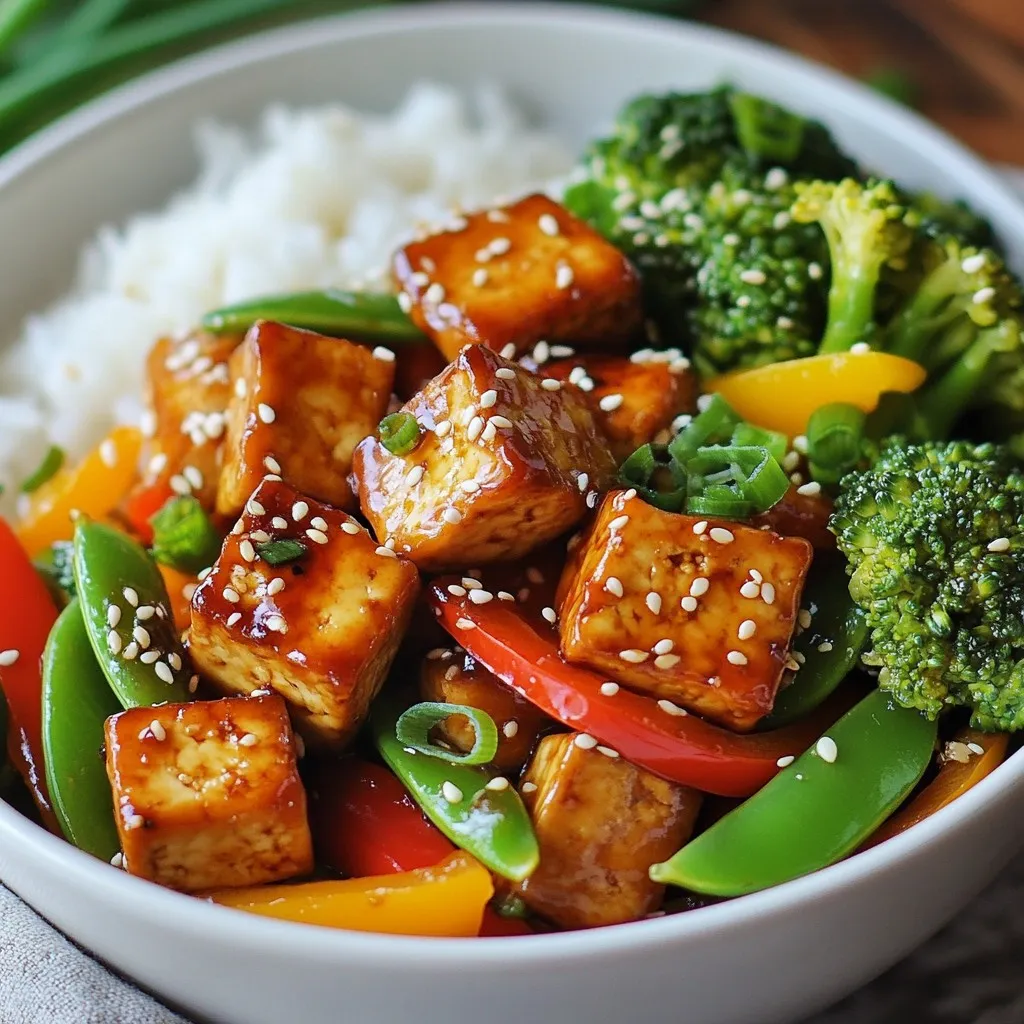 - 1 block firm tofu - 2 tablespoons cornstarch - 1 bell pepper - 1 cup broccoli florets - 1 cup snap peas - 2 cloves garlic - 1 teaspoon ginger - ¼ cup teriyaki sauce - 1 tablespoon sesame oil - 1 tablespoon sesame seeds - 2 green onions - Cooked rice or quinoa When I create a Teriyaki Tofu Stir Fry, I start with fresh and simple ingredients. First, I use one block of firm tofu. This gives a nice texture and holds up well when cooked. I also add two tablespoons of cornstarch. This helps the tofu get crispy and golden. Next, I pick some bright vegetables. I usually choose a bell pepper for color and sweetness. One cup of broccoli florets adds crunch and nutrition. I also like to include one cup of snap peas for their crispness and fresh taste. For flavor, I turn to a few key items. I use two cloves of garlic to give it depth. One teaspoon of fresh ginger adds warmth and spice. For the sauce, I pour in a quarter cup of teriyaki sauce. This sauce brings a sweet and savory touch. Finally, I drizzle one tablespoon of sesame oil. This oil adds a rich, nutty flavor. To finish the dish, I sprinkle one tablespoon of sesame seeds on top. Two chopped green onions add a fresh bite and nice color. I serve the stir fry over cooked rice or quinoa. This meal is satisfying and full of flavor. {{ingredient_image_1}} First, you need to press the tofu. This step is key. Wrap the block of tofu in a clean kitchen towel. Place a heavy object on top. Let it sit for about 15 minutes. This removes excess moisture. Next, cut the pressed tofu into bite-sized cubes. Toss the cubes in cornstarch. Make sure they are evenly coated. This will help them get crispy when cooked. Now, heat vegetable oil in a large non-stick skillet or wok. Use medium-high heat for the best results. Add the tofu cubes. Cook until golden brown, about 3-4 minutes per side. Then, remove the tofu from the pan and set it aside. In the same skillet, add sliced bell pepper, broccoli florets, and snap peas. Stir-fry these for 3-4 minutes. You want them bright and tender-crisp. Now, add minced garlic and fresh grated ginger. Stir quickly to avoid burning. Cook this for another minute. Return the cooked tofu to the skillet. Pour in the teriyaki sauce and sesame oil. Stir everything together. Make sure the tofu and vegetables are evenly coated. Heat through for about 2 minutes. Finally, remove from heat. Sprinkle sesame seeds and chopped green onions on top for garnish. Serve this hot over cooked rice or quinoa. Enjoy your delicious teriyaki tofu stir fry! To make the best teriyaki tofu stir fry, you must focus on the tofu. First, aim for crispiness. Start by pressing the tofu to remove extra moisture. Wrap it in a clean towel and press it down with a heavy object for 15 minutes. This helps it absorb more flavor and get crispy. Use firm tofu for this dish. Firm tofu holds its shape well during cooking. Silken tofu is too soft for stir fry. You want a texture that stands up to frying and adds great bite to your meal. Choosing the right vegetables can elevate your stir fry. Bell peppers, broccoli, and snap peas are tops. They add color, crunch, and nutrition. You can mix and match based on what's in season. In spring, try asparagus or sugar snap peas. In summer, zucchini or bell peppers shine. Fall brings great options like bok choy or carrots. Use what you love or what you find fresh. Teriyaki sauce gives this dish its sweet and savory flavor. You can adjust it to fit your taste. If you want it sweeter, add a bit more sauce. For a saltier kick, try low-sodium soy sauce. If you need a change, use hoisin sauce instead. It adds a different flavor but still delicious. You can also make a homemade sauce with soy sauce, honey, and garlic. This gives you control over the taste, making it even more special. Pro Tips Press Tofu Properly: Make sure to press the tofu long enough to remove excess moisture; this helps it absorb more flavor and achieve a better texture when cooked. Use High Heat: Cooking over medium-high heat allows the tofu to get that crispy exterior while keeping the inside tender, enhancing the overall texture of the dish. Fresh Ingredients Matter: Use fresh vegetables and ginger for the best flavor; this will elevate the taste and provide a vibrant appearance to your stir fry. Customize Your Sauce: Feel free to adjust the teriyaki sauce to your taste; add a splash of lime juice or a sprinkle of chili flakes for a unique twist. {{image_2}} You can change the protein in this stir fry. Adding chicken or shrimp gives a new flavor. Both cook quickly and add a nice texture. Tempeh is also a great choice. It has a nutty taste and is packed with protein. Just cut it into cubes like tofu and follow the same steps. If you need a gluten-free meal, choose a gluten-free teriyaki sauce. Many brands offer this now. You can also replace cornstarch with arrowroot powder or potato starch as a thickener. Both work well in sauces and stir fries. Boost the flavor and nutrition by adding more vegetables. Try carrots, zucchini, or mushrooms. Each adds its own unique taste and color. For plant-based protein, you can add chickpeas or edamame. They blend well and make the meal heartier. To keep your teriyaki tofu stir fry fresh, store leftovers in an airtight container. Place the container in the fridge. It stays good for about 3 to 4 days. Make sure the stir fry cools to room temperature before sealing. This helps prevent moisture buildup that can make your dish soggy. Freezing your stir fry is simple. First, let it cool completely. Then, portion it into freezer-safe bags or containers. Remove as much air as possible to avoid freezer burn. Label each bag with the date. It will last up to 3 months in the freezer. When you're ready to eat, thaw in the fridge overnight before reheating. To reheat without losing texture, use a skillet over medium heat. Add a splash of water or broth to help steam the dish. Stir occasionally until it warms through. You can also use the microwave, but cover it with a damp paper towel to keep moisture in. Heat in short bursts to avoid overcooking. Enjoy your meal just like the first time! Teriyaki sauce is a mix of soy sauce, sugar, and mirin. It gives a sweet and salty taste. You can also find recipes that add ginger and garlic. This sauce coats the tofu and veggies, making them flavorful. Yes, you can make this dish ahead of time. Cook the tofu and veggies, then store them in the fridge. When ready to eat, just warm them up in a pan. This dish tastes great even after a day in the fridge. Teriyaki tofu stir fry is not spicy. The sauce is sweet and savory. However, you can add red pepper flakes if you like heat. This lets you control the spice level to your taste. To increase the cooking portion, simply double the ingredients. For instance, use two blocks of tofu instead of one. You can also add more veggies, like carrots or mushrooms. Just ensure your skillet is big enough to cook everything evenly. You can serve teriyaki tofu stir fry over rice or quinoa. Both options soak up the sauce well. You can also add a side of steamed vegetables for extra color and nutrition. Enjoy with a sprinkle of sesame seeds for crunch! This blog shared a simple way to make teriyaki tofu stir fry. We covered the main ingredients like tofu, vegetables, and flavor enhancers. I walked you through step-by-step cooking, plus tips for perfect tofu and veggie choices. You can even play with variations for different diets. Remember, storing leftovers properly keeps your meal fresh. Explore this dish with your preferred proteins and sides. Enjoy crafting your own tasty takes on this stir fry. Your kitchen is ready for deliciousness!