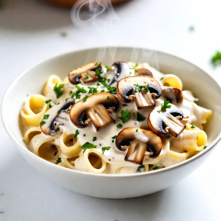 - 12 oz wide pasta (fettuccine or tagliatelle) - 16 oz mushrooms (any variety) - 1 cup coconut milk (canned, full-fat) - 1 large onion, finely chopped - 3 cloves garlic, minced - 1 teaspoon dried thyme - 1 teaspoon smoked paprika - 2 tablespoons olive oil - 1 cup vegetable broth - 1 tablespoon soy sauce (or tamari) - 2 tablespoons nutritional yeast - Salt and black pepper to taste - Fresh parsley for garnish The main ingredients create a rich and creamy base. The pasta brings a hearty texture, while mushrooms add depth. Coconut milk gives a creamy feel without dairy. Aromatics are key for flavor. Onions and garlic bring sweetness and warmth. Thyme adds a subtle earthiness, and smoked paprika gives a hint of smokiness. Additional ingredients tie everything together. Olive oil adds richness, and vegetable broth enhances the umami flavor. Soy sauce brings saltiness, and nutritional yeast adds a cheesy note. Finish with salt, pepper, and fresh parsley. This adds brightness and color to your dish. Enjoy crafting this delightful vegan creamy mushroom stroganoff! {{ingredient_image_1}} 1. Bring a large pot of salted water to a boil. 2. Add the pasta and cook until al dente, following package directions. 3. Reserve ½ cup of pasta water, then drain the pasta and set aside. 1. Heat the olive oil in a large skillet over medium heat. 2. Add the chopped onion and minced garlic. Sauté for about 3-4 minutes. 3. Cook until the onion is soft and fragrant. 1. Add the sliced mushrooms to the skillet. 2. Sauté for 5-7 minutes, stirring occasionally. 3. Cook until the mushrooms are browned and their moisture has evaporated. 1. Stir in the dried thyme, smoked paprika, and soy sauce. 2. Sprinkle salt and pepper to taste. Cook for another minute to bring out flavors. 3. Pour in the vegetable broth and let it simmer. 4. After a few minutes, stir in the coconut milk and nutritional yeast. 5. Allow the sauce to thicken for about 5 minutes. If it gets too thick, add some reserved pasta water. 1. Add the cooked pasta directly into the skillet with the sauce. 2. Toss everything together until the pasta is well coated. 3. Taste and adjust seasoning with more salt and pepper if needed. 1. Divide the stroganoff into bowls. 2. Garnish each bowl with freshly chopped parsley. Enjoy this hearty dish! To make your stroganoff creamy, use full-fat coconut milk. This gives a rich texture and a lovely flavor. If the sauce is too thick, add some reserved pasta water. This helps thin it out and keeps it smooth. For a bright taste, add a splash of lemon juice. It brightens the dish and adds a nice zing. You can also experiment with different herbs like basil or oregano. These can give a fresh twist to your meal. To make your dish stand out, drizzle with olive oil and sprinkle extra nutritional yeast on top. This adds a nice shine and flavor. Serve your stroganoff with a side salad for a complete meal. It adds color and crunch to your plate. Pro Tips Use Fresh Herbs: Fresh herbs like thyme or parsley can elevate the dish's flavor profile compared to dried ones. Adjust Creaminess: For a creamier sauce, consider adding more coconut milk or a splash of plant-based cream. Mix Mushroom Varieties: Using a mix of mushrooms, such as cremini, shiitake, and portobello, adds depth and complexity to the dish. Garnish Creatively: Enhance presentation by garnishing with toasted pine nuts or a sprinkle of vegan cheese for added texture and flavor. {{image_2}} You can easily make this dish gluten-free. First, swap out the regular pasta for gluten-free pasta. Many brands offer good options that taste great. Next, check your soy sauce. Use tamari instead, as it is gluten-free. This way, everyone can enjoy this creamy mushroom stroganoff. Want to boost the protein? Add in cooked lentils or chickpeas. They blend well with the sauce and add heartiness. You can also serve this dish with a side of sautéed greens. Spinach or kale will add nutrients and a nice pop of color. Mushrooms are the star here! For more flavor, try mixing different types of mushrooms. Wild mushrooms, like chanterelles and morels, add depth. You can also use portobello or shiitake mushrooms for a unique twist. Their rich flavors will enhance your stroganoff even more. You should store your Vegan Creamy Mushroom Stroganoff in an airtight container. This keeps it fresh. It will last in the fridge for about 3 to 4 days. Make sure to consume it before it goes bad for the best taste. If you want to save some for later, cool the stroganoff before you freeze it. This helps it last longer. When you are ready to eat it again, reheat it on the stove or in the microwave. To avoid drying out your stroganoff, add a splash of water or broth while reheating. Stir well before serving. This will help bring back its creamy texture. Enjoy your dish just as you did the first time! Yes, you can make this dish nut-free. Instead of coconut milk, use oatmeal or soy milk. These options still add creaminess. You can also try using cashew cream if you can tolerate seeds. Blend soaked sunflower seeds with water for a nut-free cream. Yes, you can prepare this dish ahead of time. Cook the pasta and sauce separately. Store the pasta in a container and the sauce in another. When ready to serve, reheat both in a pan. Add a splash of water or broth to the sauce. This will help revive the creaminess. Yes, you can substitute nutritional yeast. Use vegan parmesan or a blend of ground seeds. You may choose to skip it completely if you prefer. Just add a bit more salt to enhance the flavor. This dish combines rich flavors and easy steps. You learned about key ingredients like pasta, mushrooms, and coconut milk. With simple instructions, you sauté aromatics and create a creamy sauce. Tips for enhancing flavor and variations make it versatile for any meal. Remember, store leftovers properly and reheat mindfully. Enjoy your cooking adventure!