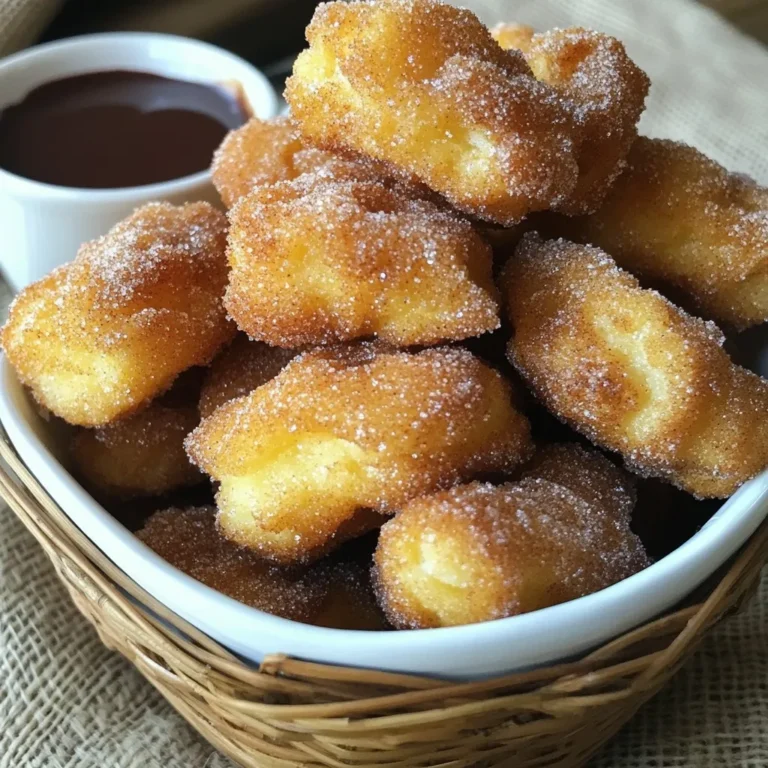 - 1 cup water - 1/2 cup unsalted butter - 1 tablespoon sugar - 1/4 teaspoon salt - 1 cup all-purpose flour - 2 large eggs - 1 teaspoon vanilla extract - 1/2 cup sugar (for coating) - 2 teaspoons ground cinnamon - Vegetable oil (for frying) Each ingredient plays a key role in making churro bites tasty. Water and butter create the dough base. Sugar adds sweetness and a hint of flavor. Salt balances all the tastes. All-purpose flour gives the churros their structure. Eggs make the dough rich and help it puff up when fried. Vanilla extract adds a warm, inviting flavor. The coating of sugar and cinnamon gives that classic churro taste. Finally, vegetable oil is essential for frying, making the bites crispy and golden. You can swap unsalted butter with coconut oil or margarine for a dairy-free option. If you need a sugar alternative, try using coconut sugar or a sugar substitute like stevia. For a gluten-free version, use a gluten-free all-purpose flour blend. Instead of eggs, a mix of flaxseed and water or applesauce can work as a binding agent. These simple swaps keep the churro bites delicious while meeting various dietary needs. {{ingredient_image_1}} 1. Start by boiling a cup of water, half a cup of butter, a tablespoon of sugar, and a quarter teaspoon of salt in a medium saucepan. Stir until it bubbles. 2. Remove the pan from heat, then quickly add one cup of all-purpose flour. Stir fast until the mix forms a ball that pulls away from the pan. 3. Let the dough cool for a few minutes. Then, add two large eggs, one at a time. Mix well after each egg. Stir in one teaspoon of vanilla extract until the dough is smooth. 4. Heat about two inches of vegetable oil in a deep skillet or pot over medium heat. Aim for 350°F (175°C). 5. While waiting for the oil, mix half a cup of sugar with two teaspoons of ground cinnamon in a shallow bowl. This will be your sweet coating. 6. Take a piping bag or a zip-top bag. Cut the tip off and fill it with the dough. Pipe small pieces into the hot oil, cutting them with scissors. 7. Fry the churro bites for two to three minutes. They should turn golden brown all over. Do not overcrowd the oil; fry in batches. 8. Use a slotted spoon to remove the bites and drain them on paper towels. Toss them right away in the cinnamon sugar mix until coated. 9. Keep frying until all the dough is cooked and covered in sugar. - Not Cooling the Dough: If you add eggs while the dough is too hot, it can cook the eggs. - Overcrowding the Pan: Adding too many churro bites at once can lower the oil temperature. This leads to soggy churros. - Skipping the Sugar Coating: This is where the magic happens! Don't skip the cinnamon sugar for that delightful flavor. - Not Testing Oil Temperature: If the oil isn’t hot enough, the churros will absorb too much oil and become greasy. Use a small piece of dough to test. To make your churro bites light and fluffy, ensure you mix the dough well. After mixing the flour into the hot butter and water, let it cool slightly before adding the eggs. This helps keep the texture right. When frying, keep the oil at 350°F. If it's too hot, the churros burn quickly. If it’s too cool, they soak up too much oil. Fry in small batches to ensure even cooking. Toss them in cinnamon sugar right after frying for the best flavor. Store your leftover churro bites in an airtight container at room temperature. They stay fresh for about one day. If you want them to last longer, you can refrigerate them, but they may lose some crispness. To revive them, reheat in the oven at 350°F for a few minutes. This helps them regain their crunch. Serving churro bites warm is key to enjoying their full flavor. A rustic basket lined with parchment paper makes a charming presentation. I love to pair them with a small bowl of chocolate or caramel sauce for dipping. You can also try serving them with whipped cream or even a scoop of ice cream. Each bite is a treat! Pro Tips Perfect Oil Temperature: Make sure your oil is at the right temperature (350°F or 175°C) for frying. If it's too hot, the churro bites will burn on the outside and remain raw inside. If it's too cool, they'll absorb excess oil and become greasy. Use Piping Bags: For a cleaner and more controlled way to pipe the dough into the oil, use a piping bag or a zip-top bag. This will give you evenly sized churro bites that fry uniformly. Coating Immediately: Toss the churro bites in the cinnamon sugar mixture immediately after frying while they're still warm. This ensures that the sugar adheres well and creates a deliciously sweet crust. Batch Frying: Fry the churro bites in small batches to avoid overcrowding the oil. This allows for even cooking and prevents the temperature of the oil from dropping too much. {{image_2}} You can easily change the flavor of your churro bites. For a chocolate twist, add cocoa powder to the dough. Use about 2 tablespoons of cocoa and reduce the flour slightly. You can also dip the churro bites in melted chocolate after frying. For caramel lovers, drizzle warm caramel sauce over the bites. You could even mix some caramel into the dough for extra richness. Want to make these churro bites gluten-free? Swap out the all-purpose flour for a gluten-free blend. Many blends work well, but look for one that contains xanthan gum for better texture. This ensures the churros still puff up nicely. Follow the same recipe, and you’ll enjoy delicious churros without gluten. If frying isn’t your thing, try an air fryer! Set it to 350°F (175°C) and spray the churro bites lightly with oil. Cook them in batches for about 10 minutes, flipping halfway through. They will be crispy and golden. You can also bake them in an oven. Preheat to 375°F (190°C) and place the churro bites on a baking sheet. Bake for 15-20 minutes, or until golden. Just remember to coat them in cinnamon sugar right after baking! If you have leftover churro bites, store them in an airtight container. They stay fresh for about 1 to 2 days in the fridge. Place a paper towel at the bottom of the container to absorb excess moisture. This helps keep them crisp. When you want to eat them, take them out and let them sit for a few minutes to bring them back to room temperature. To reheat churro bites, you can use an oven or an air fryer. Preheat the oven to 350°F (175°C). Place the churro bites on a baking sheet and heat for about 5-7 minutes. This keeps them warm and crispy. If you use an air fryer, set it to 350°F (175°C) and reheat for about 3-4 minutes. Avoid using a microwave, as it can make them soggy. For longer storage, you can freeze churro bites. Let them cool completely before freezing. Arrange them in a single layer on a baking sheet and freeze for about 1-2 hours. Once frozen, transfer them to a freezer-safe bag or container. They can last up to 2 months in the freezer. When you’re ready to enjoy them, reheat from frozen using the oven or air fryer. This method keeps them tasty and maintains their crunch. You can check the oil's heat by using a thermometer. The ideal temperature is 350°F (175°C). If you don’t have a thermometer, drop a small piece of dough into the oil. If it bubbles and rises to the surface, the oil is ready. Frying at the right temperature ensures a crisp churro bite. Yes, you can! Prepare the dough and store it in the fridge for up to 24 hours. When you're ready to fry, let the dough sit at room temperature for about 15 minutes. This will make it easier to pipe into the oil. Fried churro bites taste best fresh, so fry them just before serving. To avoid greasy churro bites, maintain the oil temperature. If the oil is too cool, the dough absorbs more oil. Only fry a few pieces at once, giving them space to cook evenly. After frying, place them on paper towels to absorb any excess oil. This keeps your churro bites light and crispy. Yes, churro bites can be frozen! After frying, let them cool completely. Place them in an airtight container or a freezer bag. They will last up to three months in the freezer. To enjoy, reheat them in the oven at 350°F (175°C) for about 10 minutes. This will restore their crispiness. In this blog post, we covered how to make delicious churro bites. We discussed the key ingredients, step-by-step cooking instructions, and tips for the best texture and flavor. I shared common mistakes to avoid, as well as variations and storage tips. As you try these recipes, remember that practice makes perfect. Enjoy experimenting with flavors and methods. Your churro bites will be a hit! Keep these tips in mind for tasty treats every time.